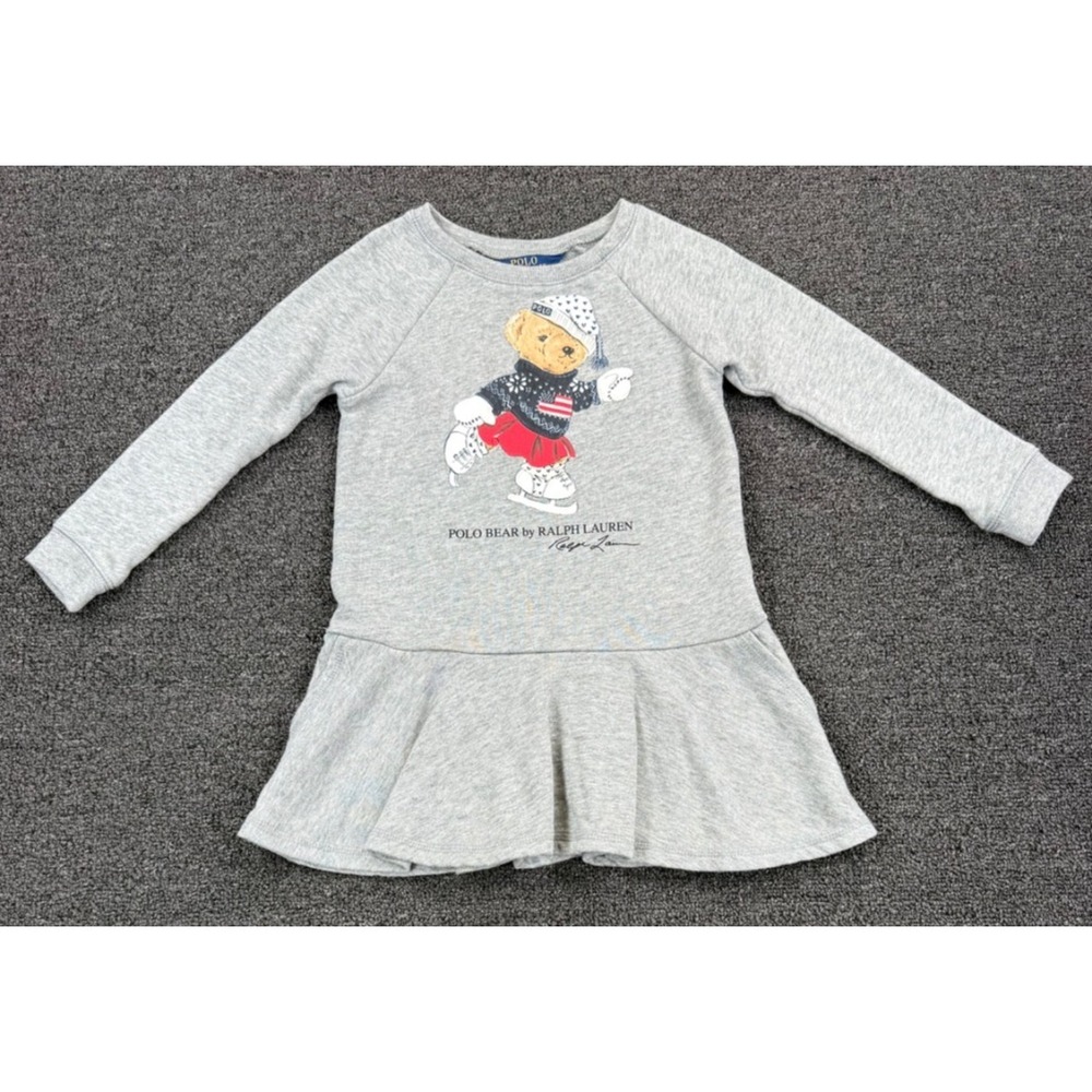 Polo Ralph Lauren Girls Size 5 Gray Polo Bear Ice Skater Sweatshirt Dress